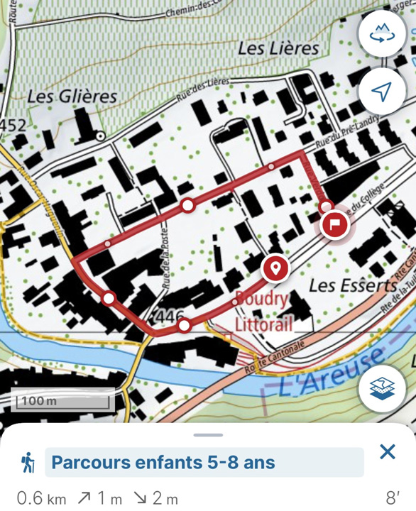 Carte du parcours enfants 5–8 ans, boucle de 600 m à Boudry