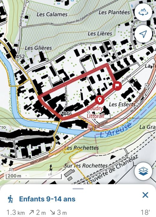 Carte du parcours enfants 9–14 ans, boucle de 1,2 km à Boudry